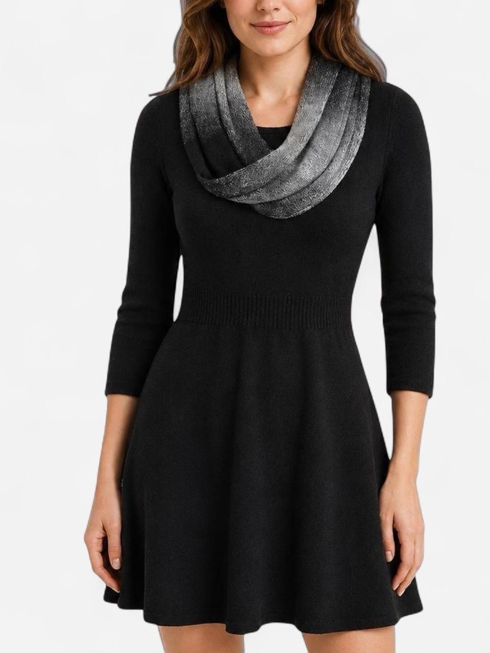 NWT IZ Byer XS Black A-Line Sweater Dress w/ Infinity Scarf